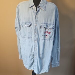 B.U.M Equipment Men's Casual Light Blue Denim Button Up Shirt Vintage 90s
